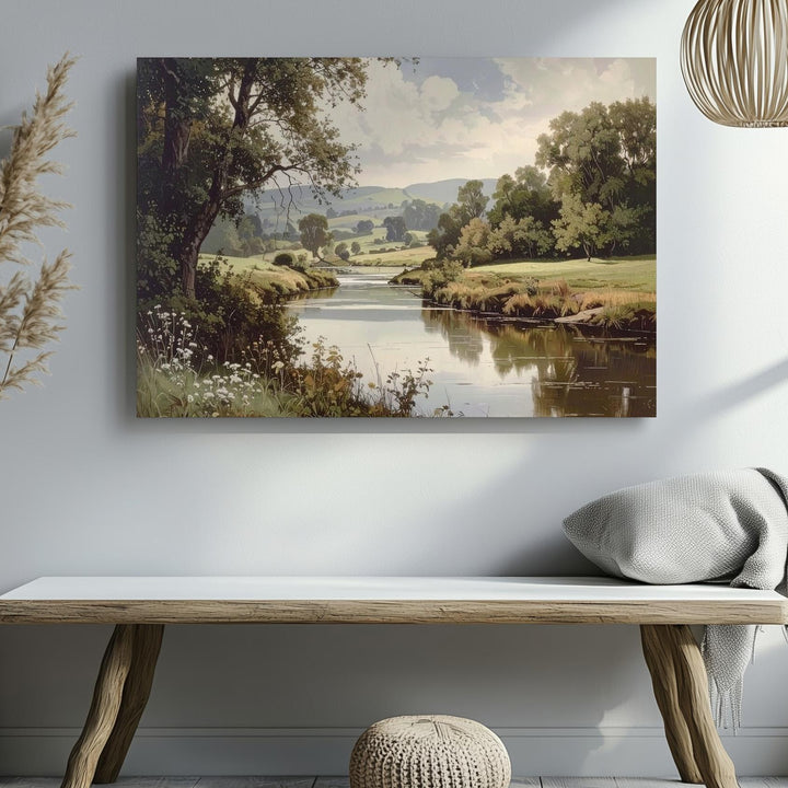Pastoral River Serenity Canvas – Classical Countryside Landscape with Reflective Water - Gifitto