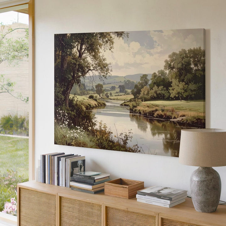 Pastoral River Serenity Canvas – Classical Countryside Landscape with Reflective Water - Gifitto