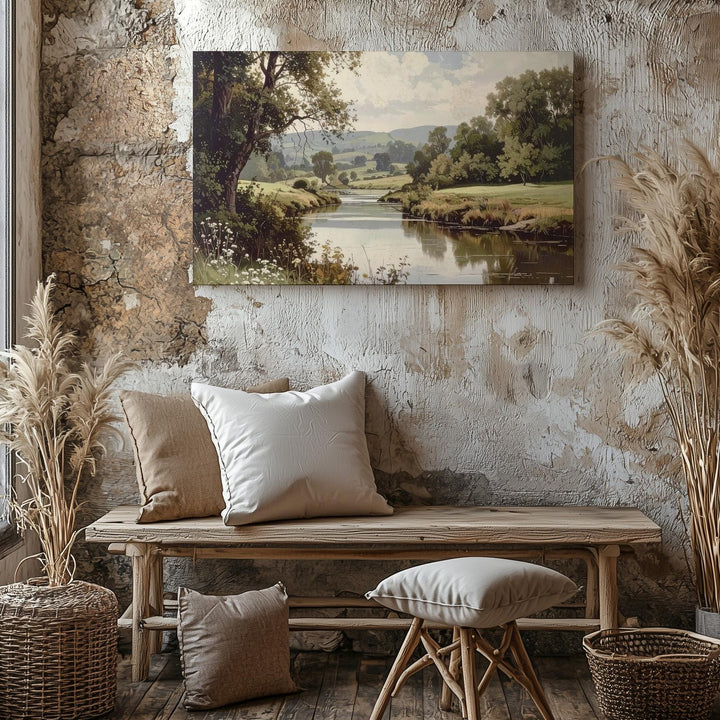 Pastoral River Serenity Canvas – Classical Countryside Landscape with Reflective Water - Gifitto