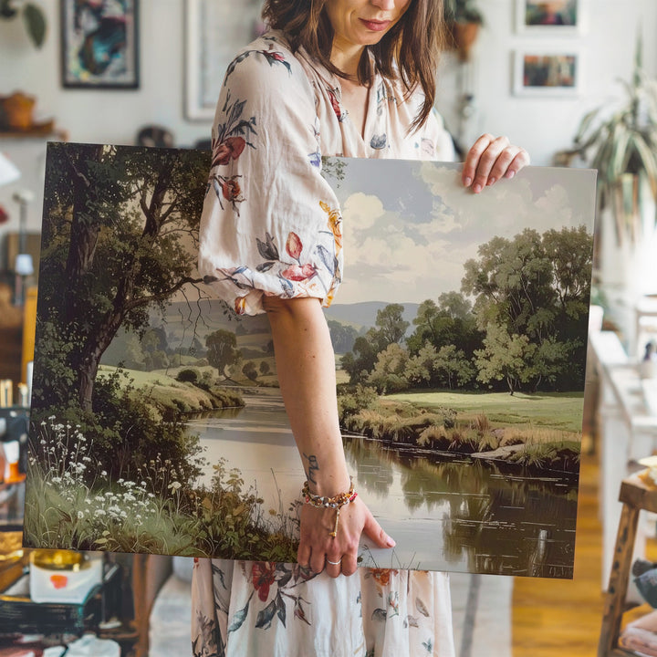 Pastoral River Serenity Canvas – Classical Countryside Landscape with Reflective Water - Gifitto