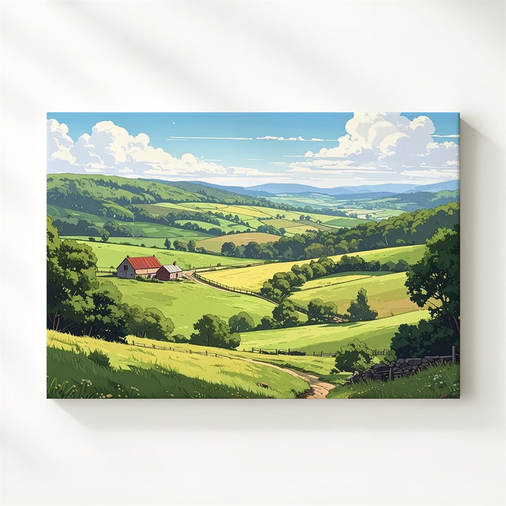 Sunny Countryside Hills Canvas – Stylized Farm Landscape with Red Roof House - Gifitto