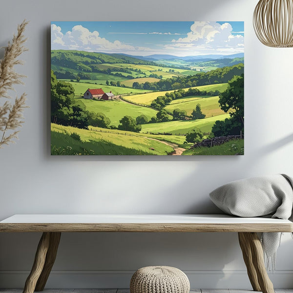 Sunny Countryside Hills Canvas – Stylized Farm Landscape with Red Roof House - Gifitto