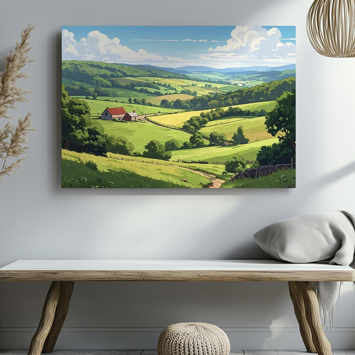 Sunny Countryside Hills Canvas – Stylized Farm Landscape with Red Roof House - Gifitto
