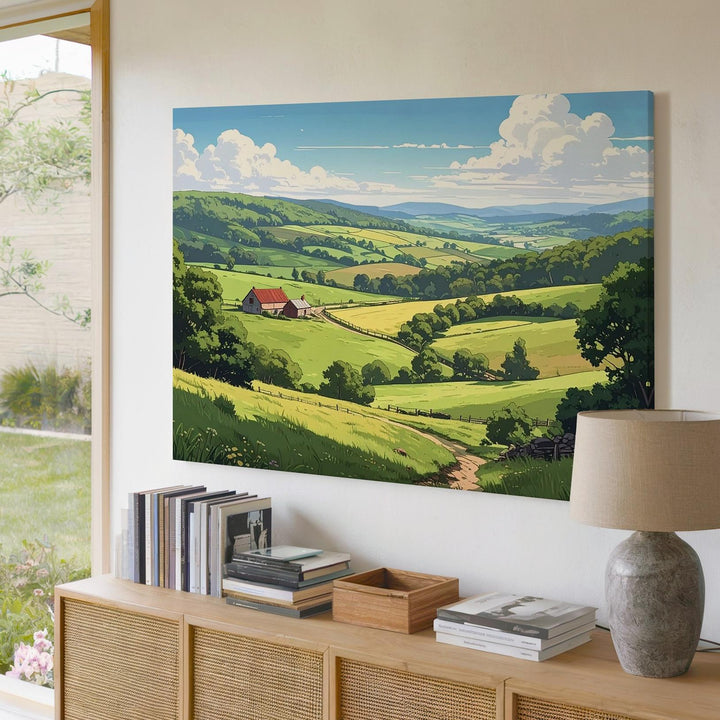 Sunny Countryside Hills Canvas – Stylized Farm Landscape with Red Roof House - Gifitto