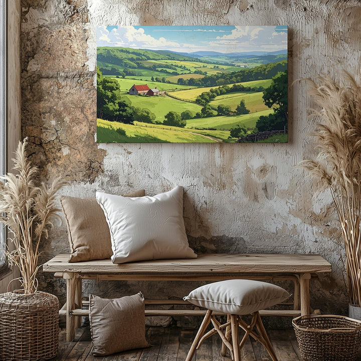 Sunny Countryside Hills Canvas – Stylized Farm Landscape with Red Roof House - Gifitto