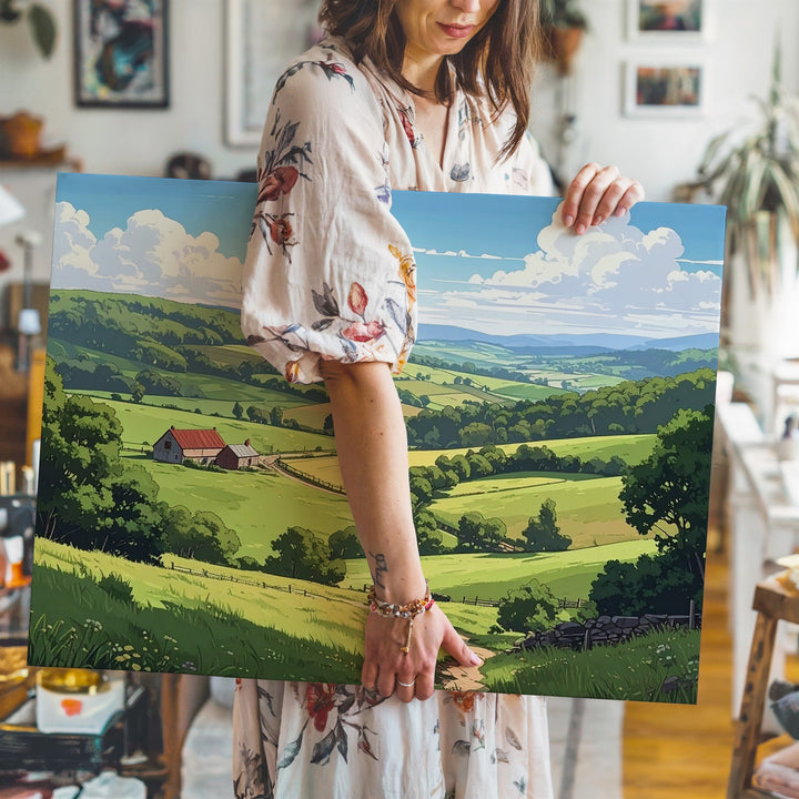 Sunny Countryside Hills Canvas – Stylized Farm Landscape with Red Roof House - Gifitto