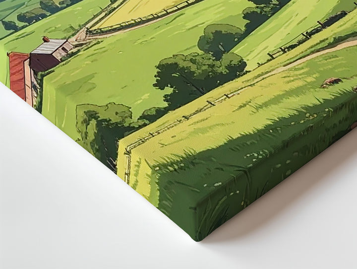 Sunny Countryside Hills Canvas – Stylized Farm Landscape with Red Roof House - Gifitto