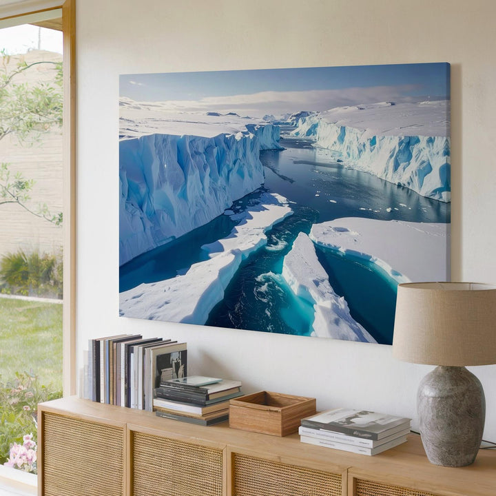 Arctic Blue Silence Canvas – Frozen Seascape with Icebergs & Glacial Channel - Gifitto