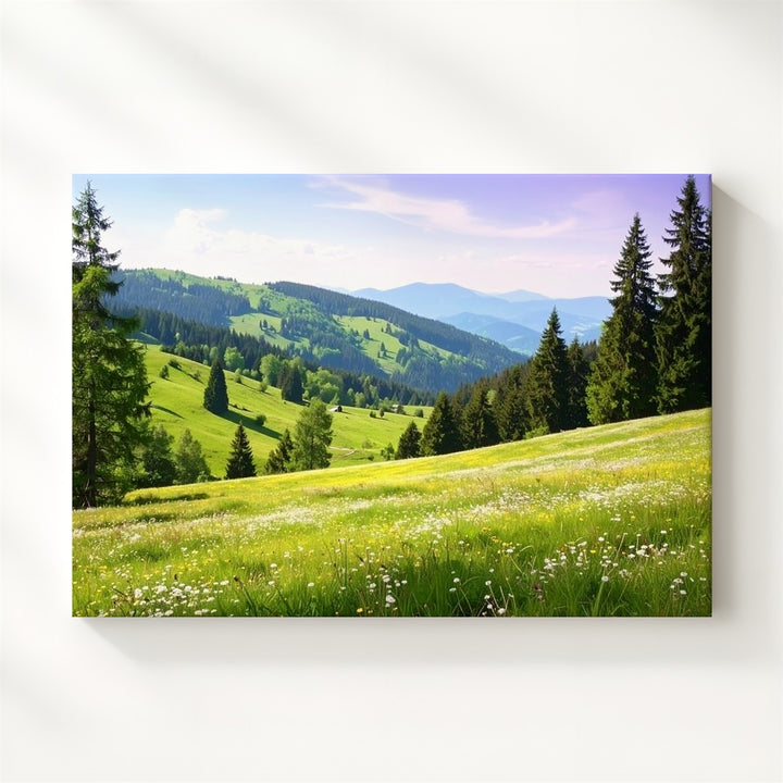 Lavender Sky Meadow Canvas – Peaceful Rolling Hills with Wildflowers & Pines - Gifitto