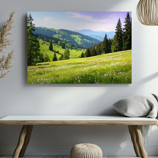 Lavender Sky Meadow Canvas – Peaceful Rolling Hills with Wildflowers & Pines - Gifitto