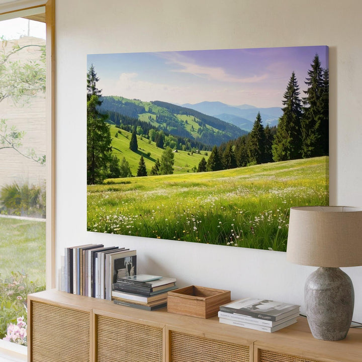 Lavender Sky Meadow Canvas – Peaceful Rolling Hills with Wildflowers & Pines - Gifitto