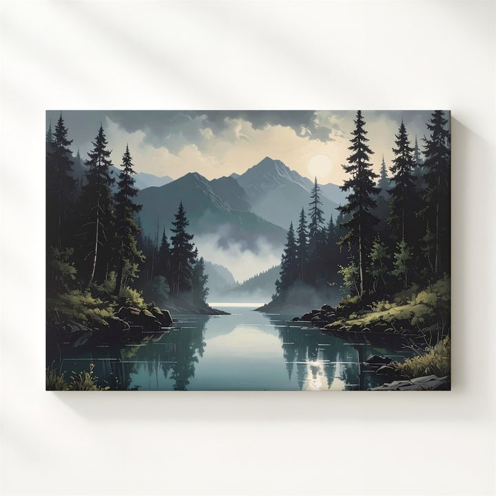 Twilight Reflection Lake Canvas – Serene Mountain Valley with Evergreens & Mist - Gifitto