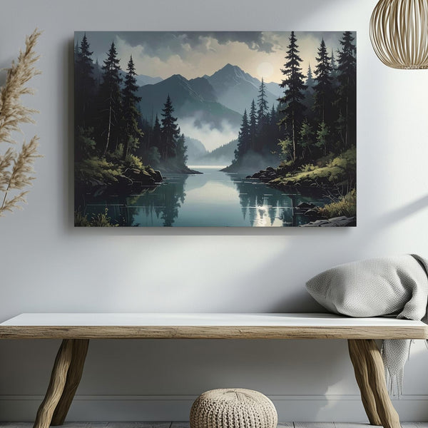 Twilight Reflection Lake Canvas – Serene Mountain Valley with Evergreens & Mist - Gifitto