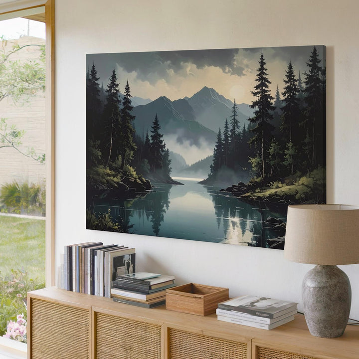 Twilight Reflection Lake Canvas – Serene Mountain Valley with Evergreens & Mist - Gifitto