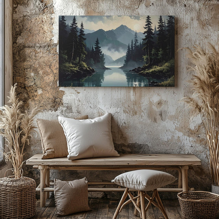 Twilight Reflection Lake Canvas – Serene Mountain Valley with Evergreens & Mist - Gifitto