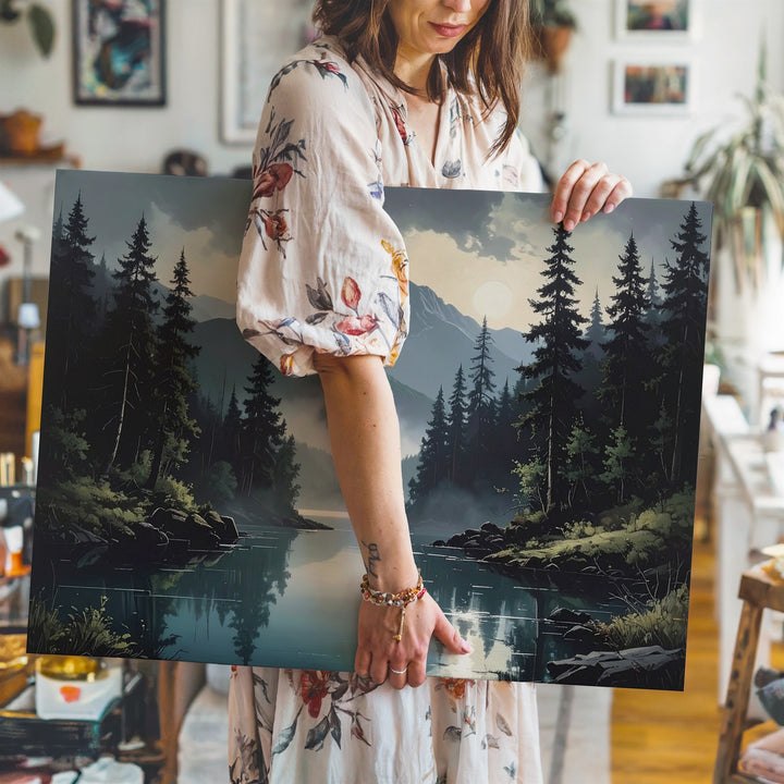 Twilight Reflection Lake Canvas – Serene Mountain Valley with Evergreens & Mist - Gifitto