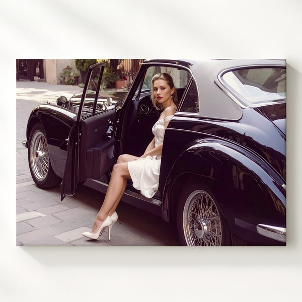 Cinematic Elegance Canvas – Woman in White with Black Vintage Coupe - Gifitto