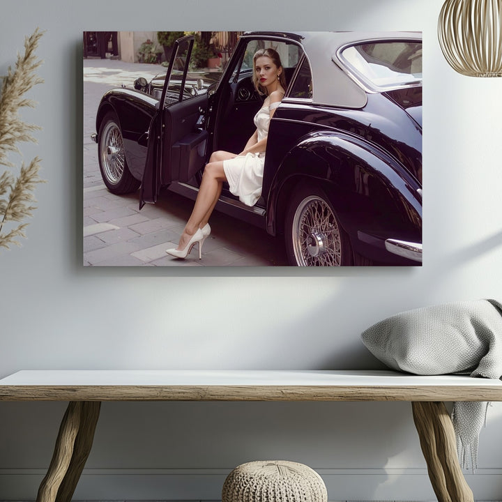 Cinematic Elegance Canvas – Woman in White with Black Vintage Coupe - Gifitto