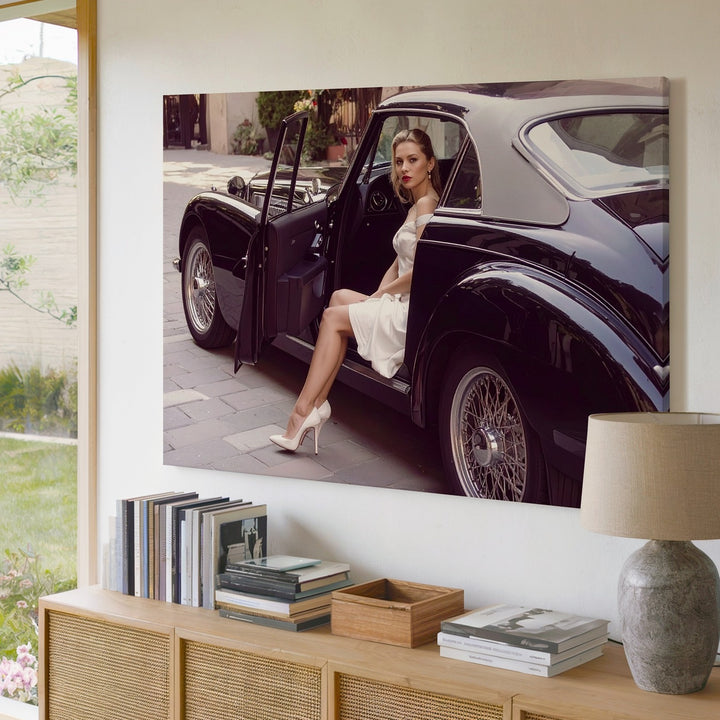 Cinematic Elegance Canvas – Woman in White with Black Vintage Coupe - Gifitto