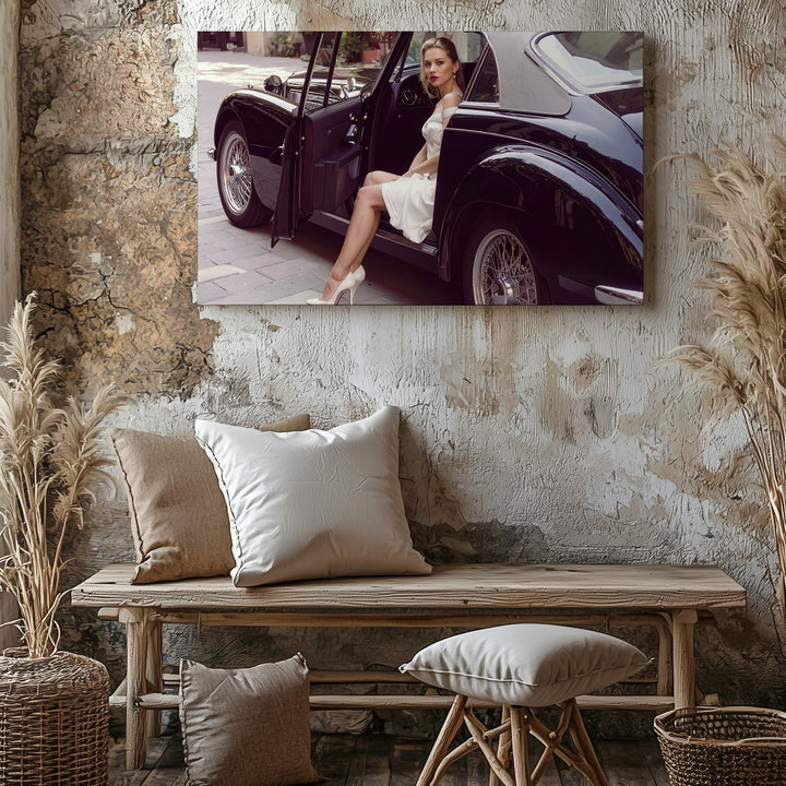 Cinematic Elegance Canvas – Woman in White with Black Vintage Coupe - Gifitto