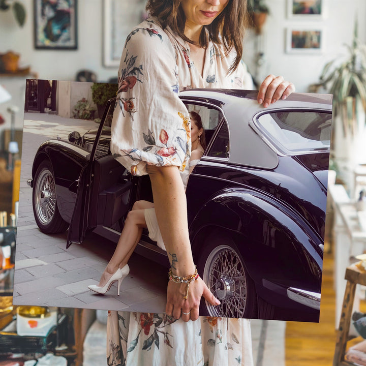 Cinematic Elegance Canvas – Woman in White with Black Vintage Coupe - Gifitto