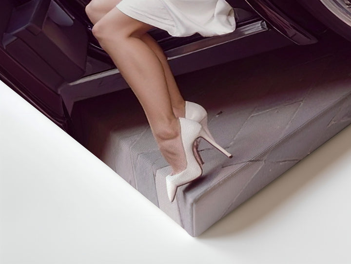 Cinematic Elegance Canvas – Woman in White with Black Vintage Coupe - Gifitto