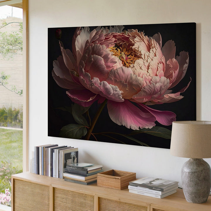 Pink Peony in Darkness – Hyper-Realistic Floral Canvas Wall Art - Gifitto