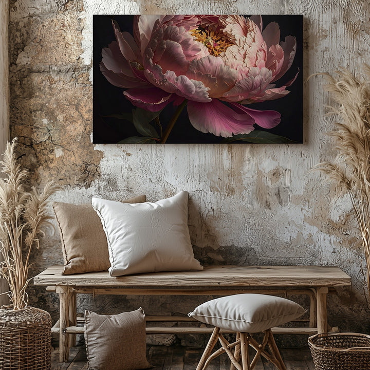 Pink Peony in Darkness – Hyper-Realistic Floral Canvas Wall Art - Gifitto
