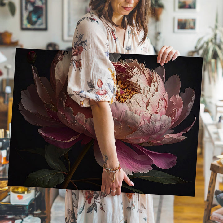 Pink Peony in Darkness – Hyper-Realistic Floral Canvas Wall Art - Gifitto