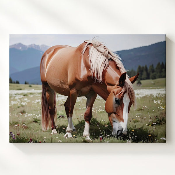 Chestnut Horse Grazing Canvas – Peaceful Pastoral Wildflower Field Art - Gifitto