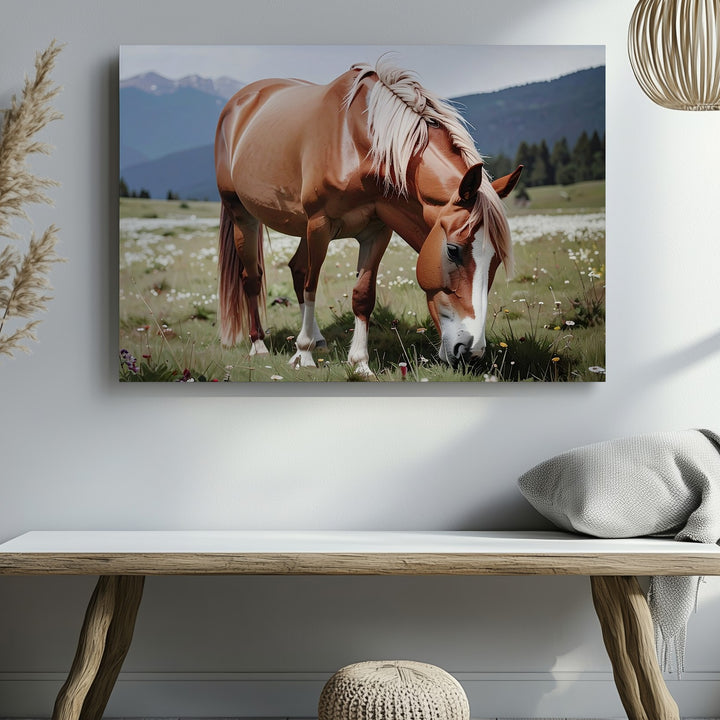 Chestnut Horse Grazing Canvas – Peaceful Pastoral Wildflower Field Art - Gifitto