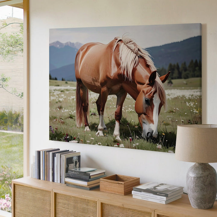 Chestnut Horse Grazing Canvas – Peaceful Pastoral Wildflower Field Art - Gifitto