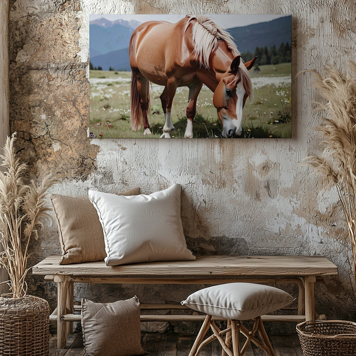 Chestnut Horse Grazing Canvas – Peaceful Pastoral Wildflower Field Art - Gifitto