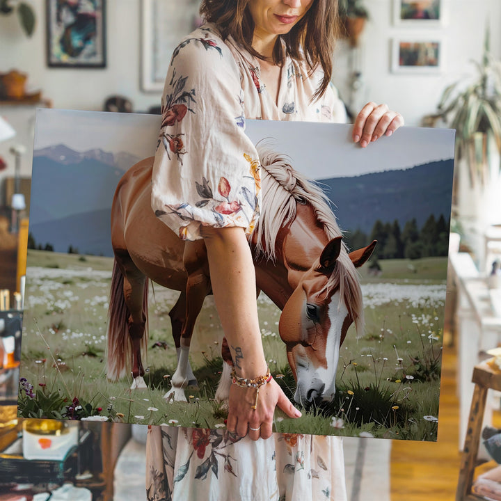 Chestnut Horse Grazing Canvas – Peaceful Pastoral Wildflower Field Art - Gifitto