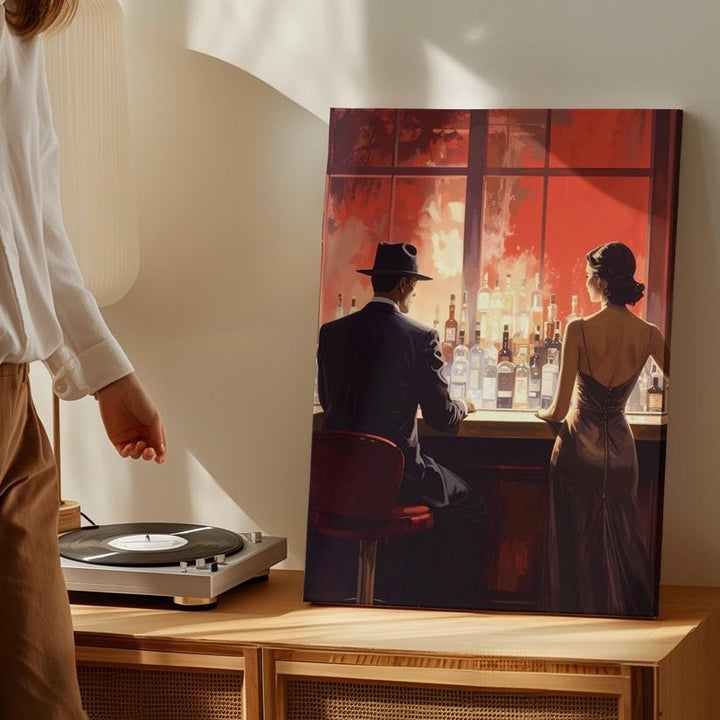 Cinematic Romance Canvas – Man and Woman at Luxurious Bar - Gifitto