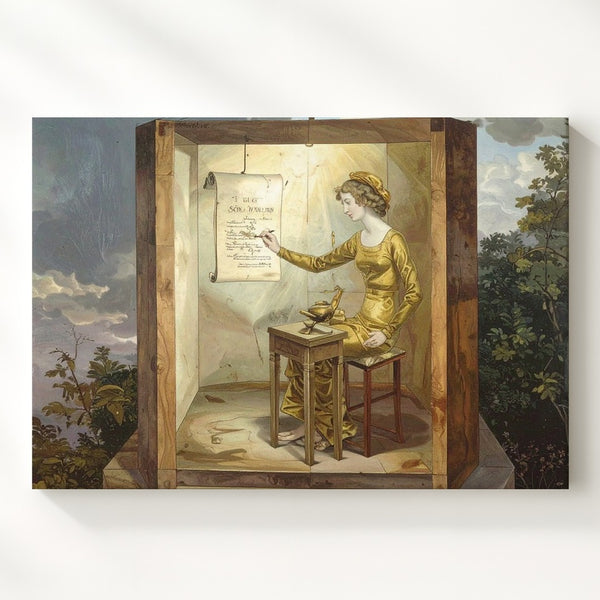 Mystical Writer Pavilion Canvas – Surreal Golden Figure Wall Art - Gifitto