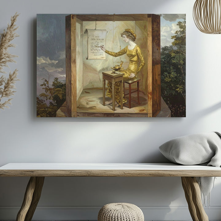 Mystical Writer Pavilion Canvas – Surreal Golden Figure Wall Art - Gifitto