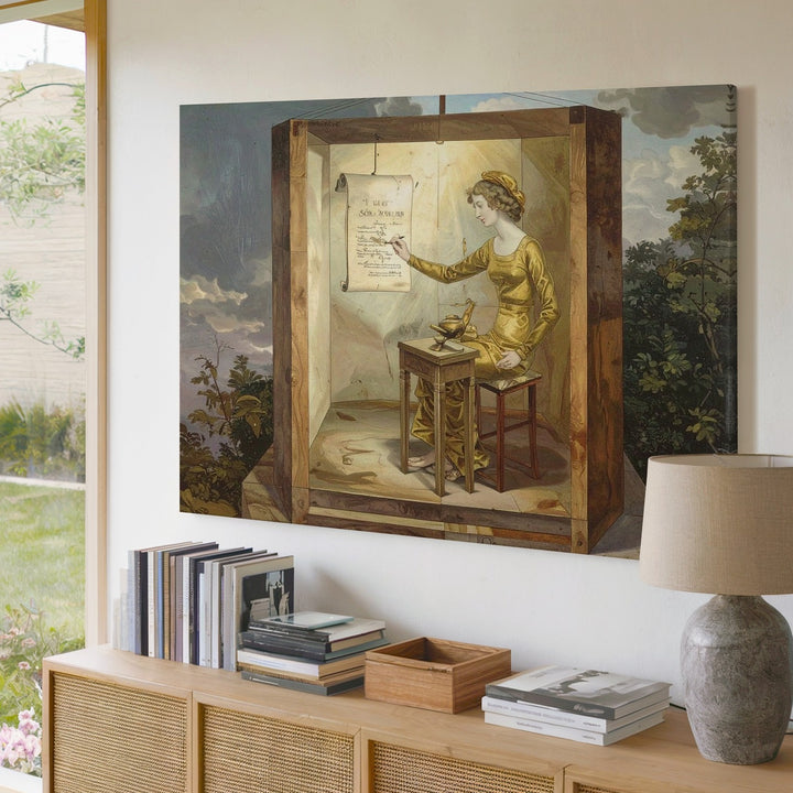 Mystical Writer Pavilion Canvas – Surreal Golden Figure Wall Art - Gifitto