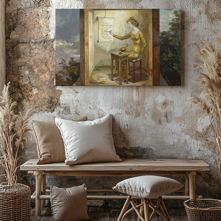 Mystical Writer Pavilion Canvas – Surreal Golden Figure Wall Art - Gifitto