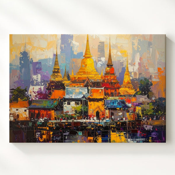 Golden Temple Skyline Canvas – Abstract Asian Pagoda Cityscape Art