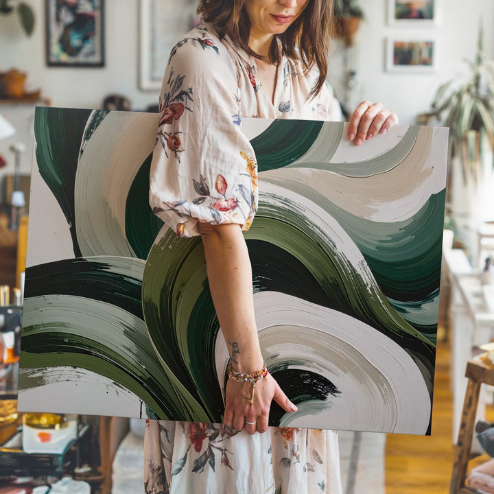 Dynamic Green Leaves Canvas – Abstract Botanical Art with Fluid Brushstrokes - Gifitto