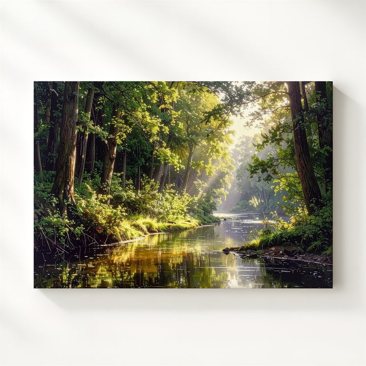 Golden Forest River Canvas – Tranquil Woodland Reflection with Sunlit Greens - Gifitto