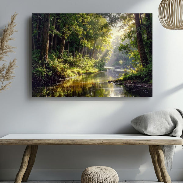 Golden Forest River Canvas – Tranquil Woodland Reflection with Sunlit Greens - Gifitto