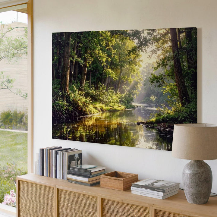 Golden Forest River Canvas – Tranquil Woodland Reflection with Sunlit Greens - Gifitto