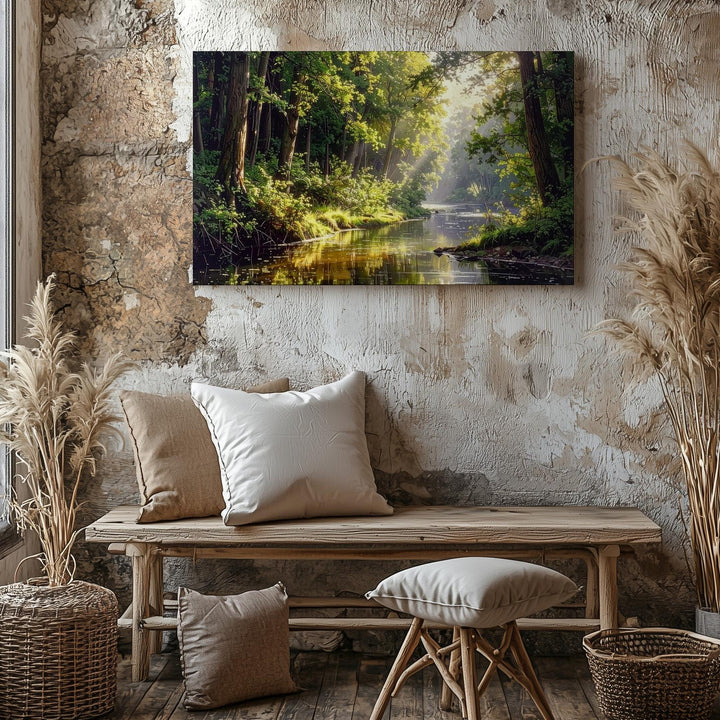 Golden Forest River Canvas – Tranquil Woodland Reflection with Sunlit Greens - Gifitto
