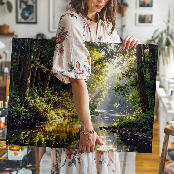 Golden Forest River Canvas – Tranquil Woodland Reflection with Sunlit Greens - Gifitto