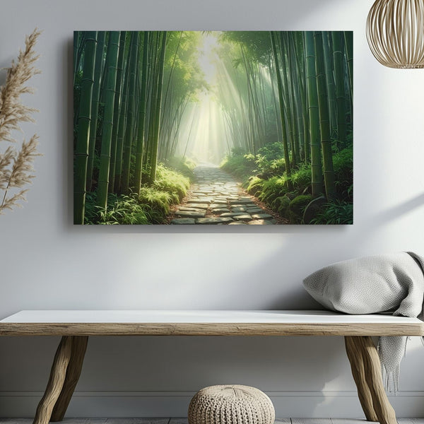 Mystic Bamboo Path Canvas – Serene Forest Walkway with Sunlit Green Stalks - Gifitto