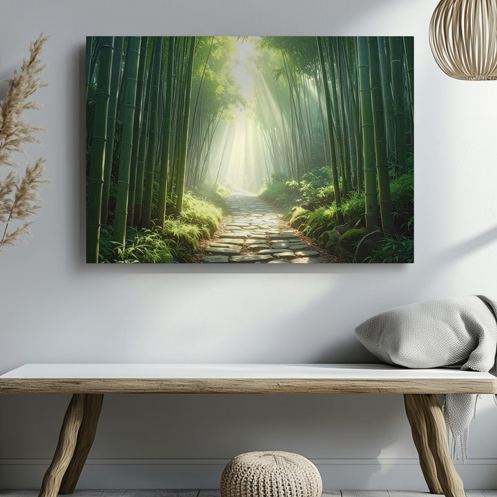 Mystic Bamboo Path Canvas – Serene Forest Walkway with Sunlit Green Stalks - Gifitto