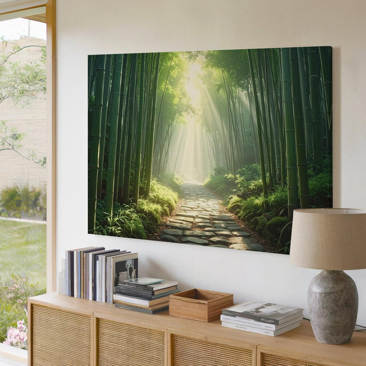 Mystic Bamboo Path Canvas – Serene Forest Walkway with Sunlit Green Stalks - Gifitto