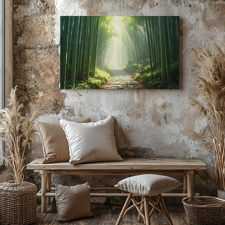 Mystic Bamboo Path Canvas – Serene Forest Walkway with Sunlit Green Stalks - Gifitto